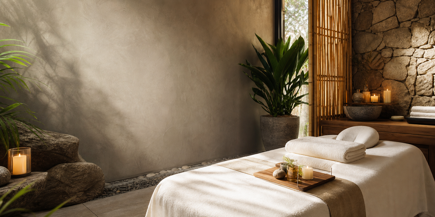 Eco-friendly spa room with massage bed, plants, towels, and candles